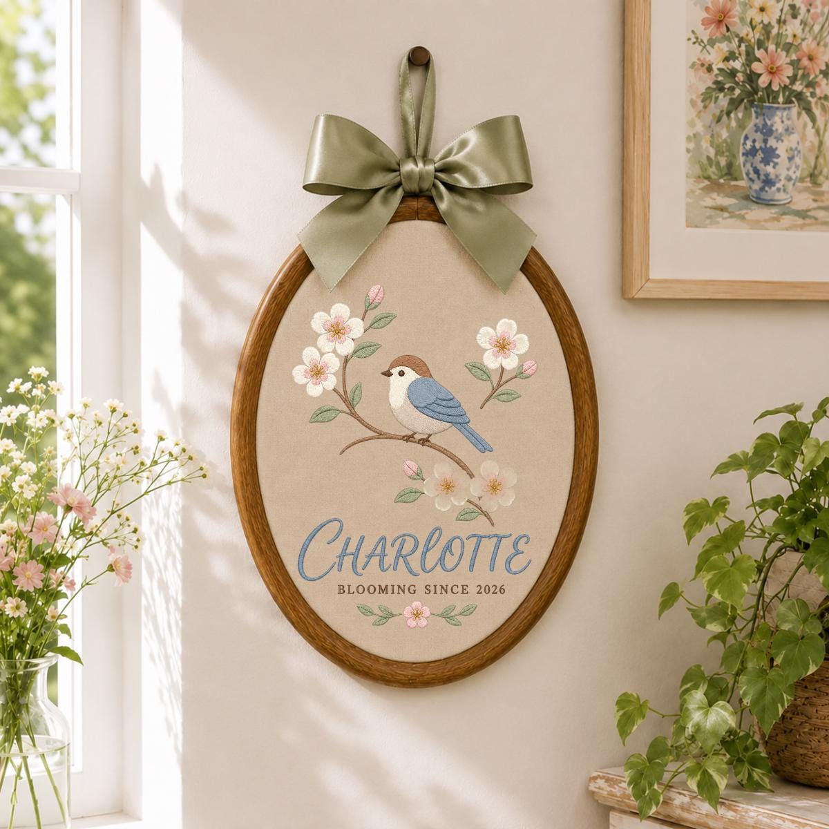 Custom Name Songbird Embroidered Round Hoop Decor, Blue Satin Bow Flower Branch Baby Girl Room Wall Hanging Sign, Baby Shower Gift
