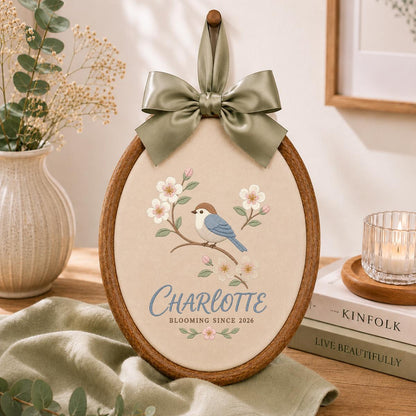 Custom Name Songbird Embroidered Round Hoop Decor, Blue Satin Bow Flower Branch Baby Girl Room Wall Hanging Sign, Baby Shower Gift