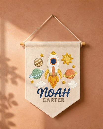Personalized Space Nursery Wall Hanging, Custom Name Embroidered Banner, Rocket Planet Baby Boy Room Decor, Outer Space Nursery Gift