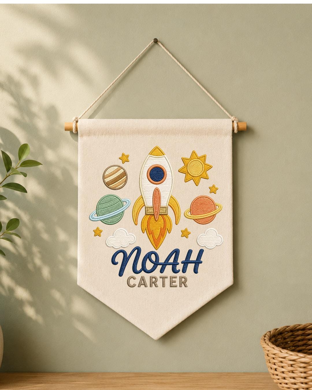 Personalized Space Nursery Wall Hanging, Custom Name Embroidered Banner, Rocket Planet Baby Boy Room Decor, Outer Space Nursery Gift