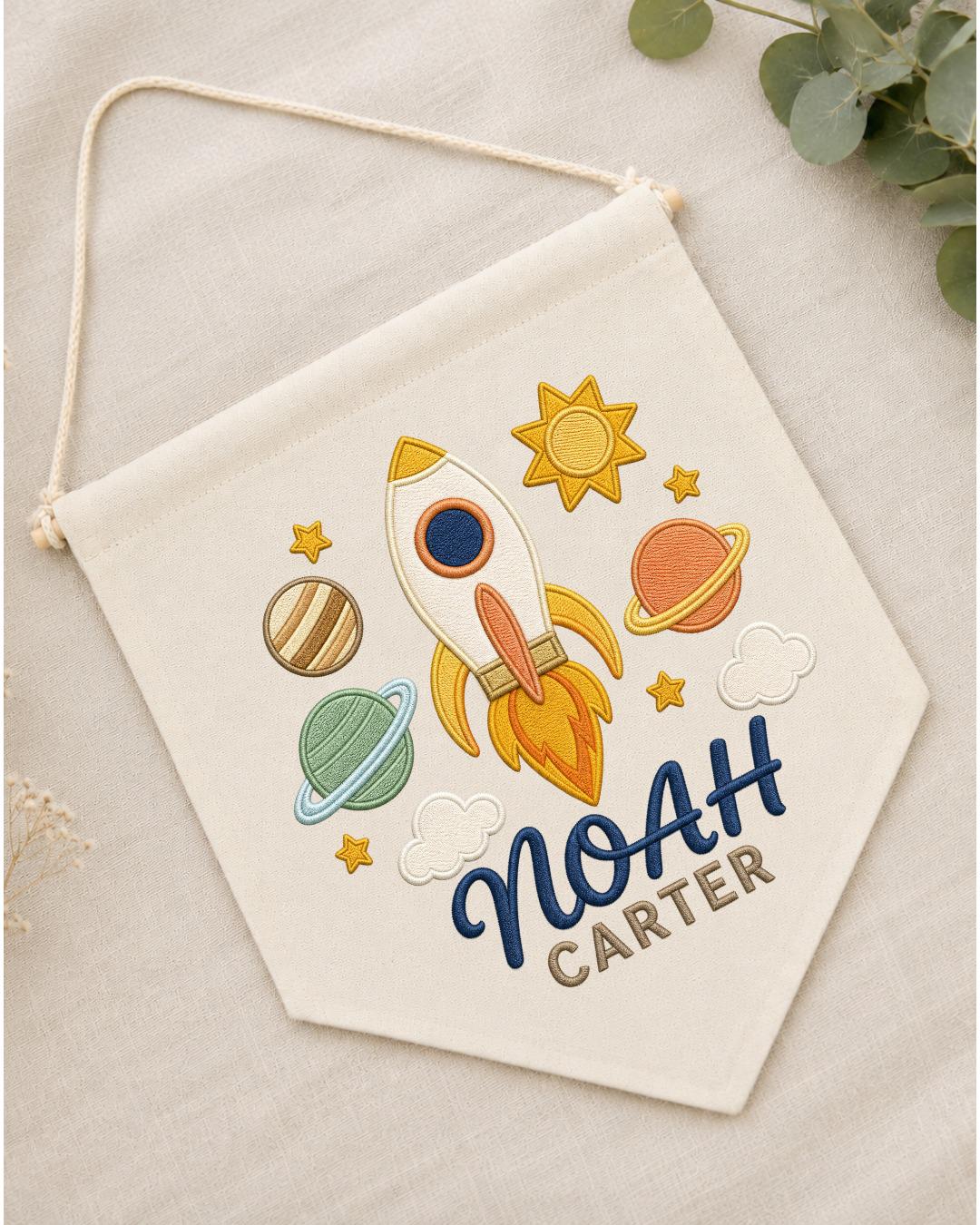 Personalized Space Nursery Wall Hanging, Custom Name Embroidered Banner, Rocket Planet Baby Boy Room Decor, Outer Space Nursery Gift