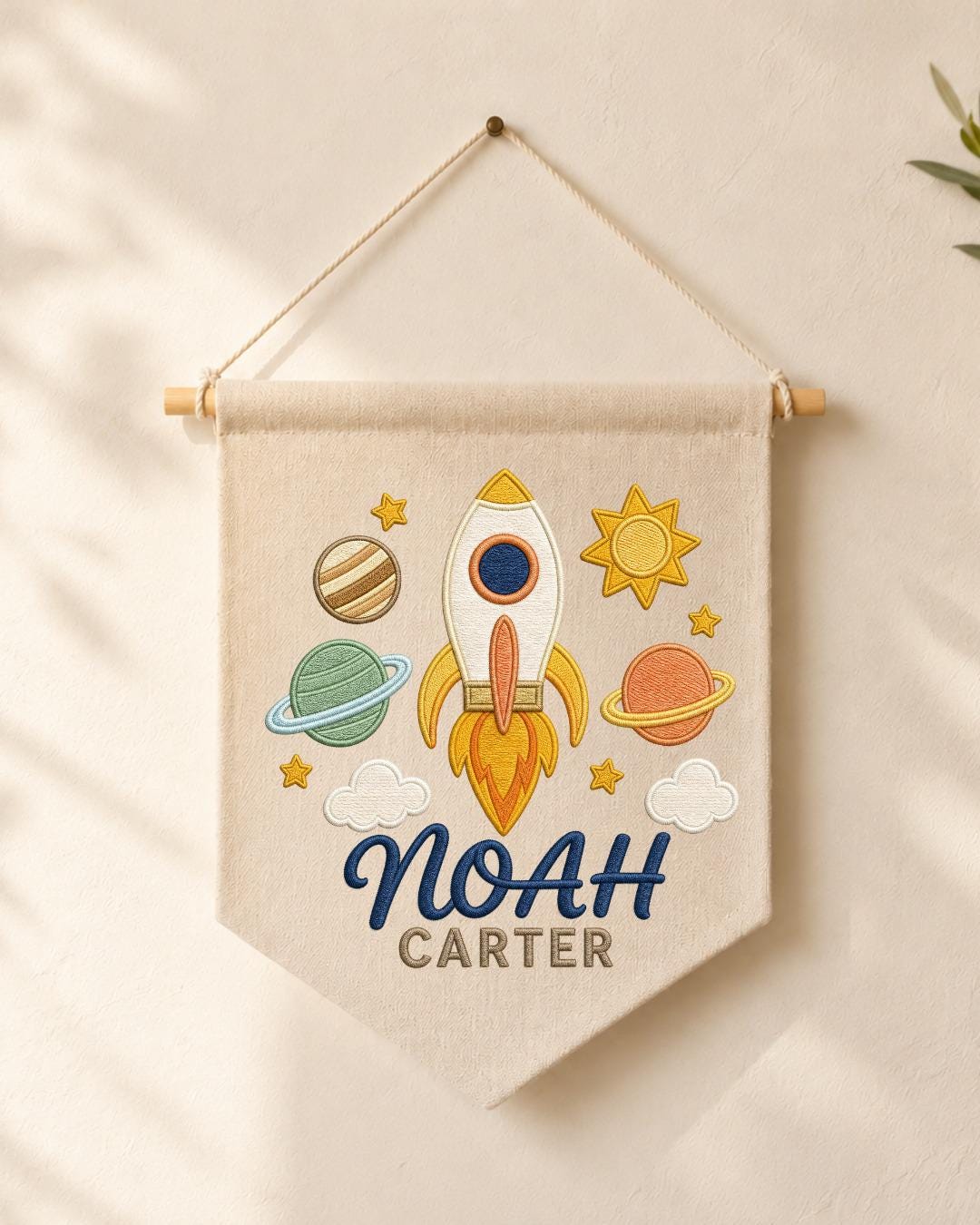 Personalized Space Nursery Wall Hanging, Custom Name Embroidered Banner, Rocket Planet Baby Boy Room Decor, Outer Space Nursery Gift