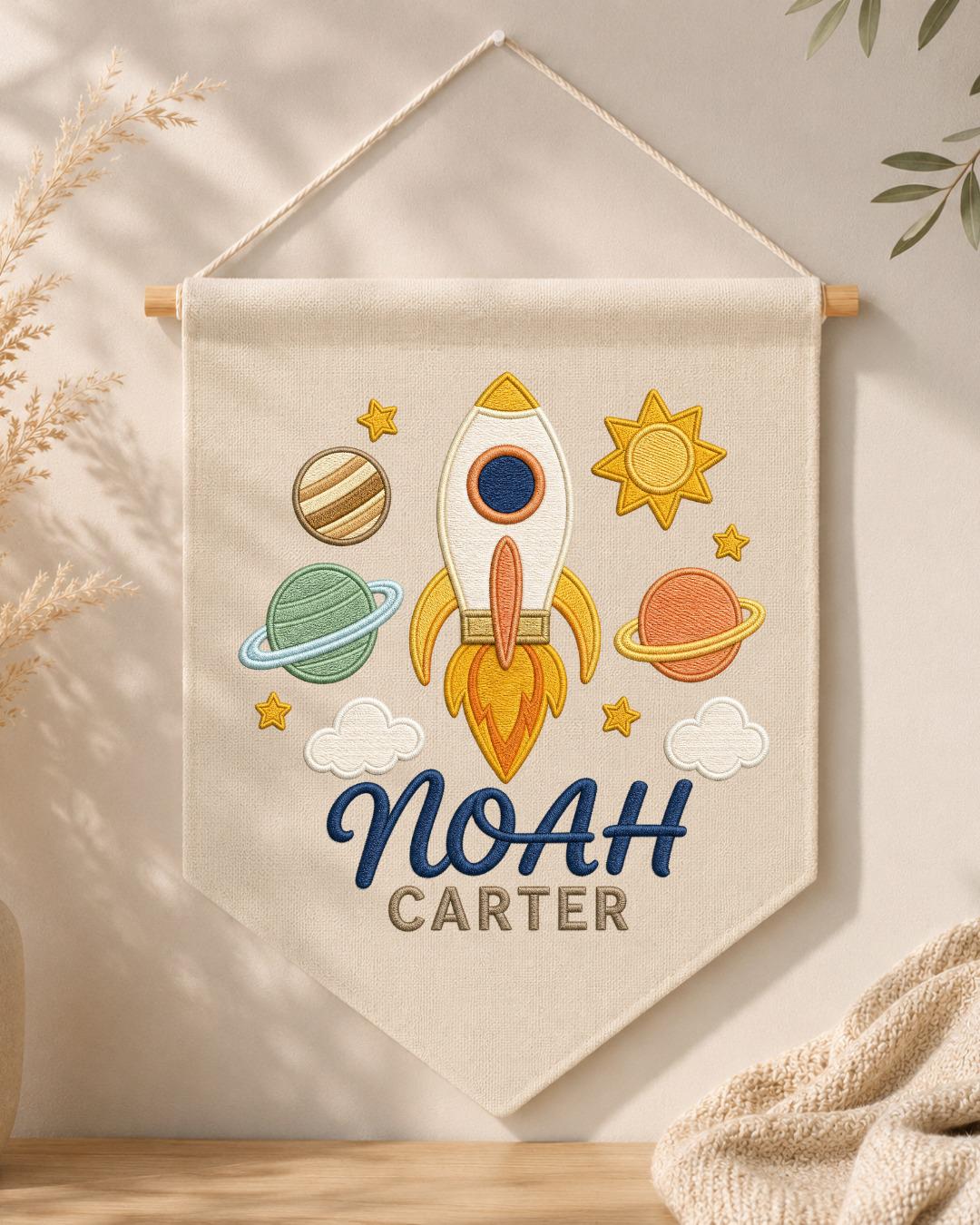 Personalized Space Nursery Wall Hanging, Custom Name Embroidered Banner, Rocket Planet Baby Boy Room Decor, Outer Space Nursery Gift