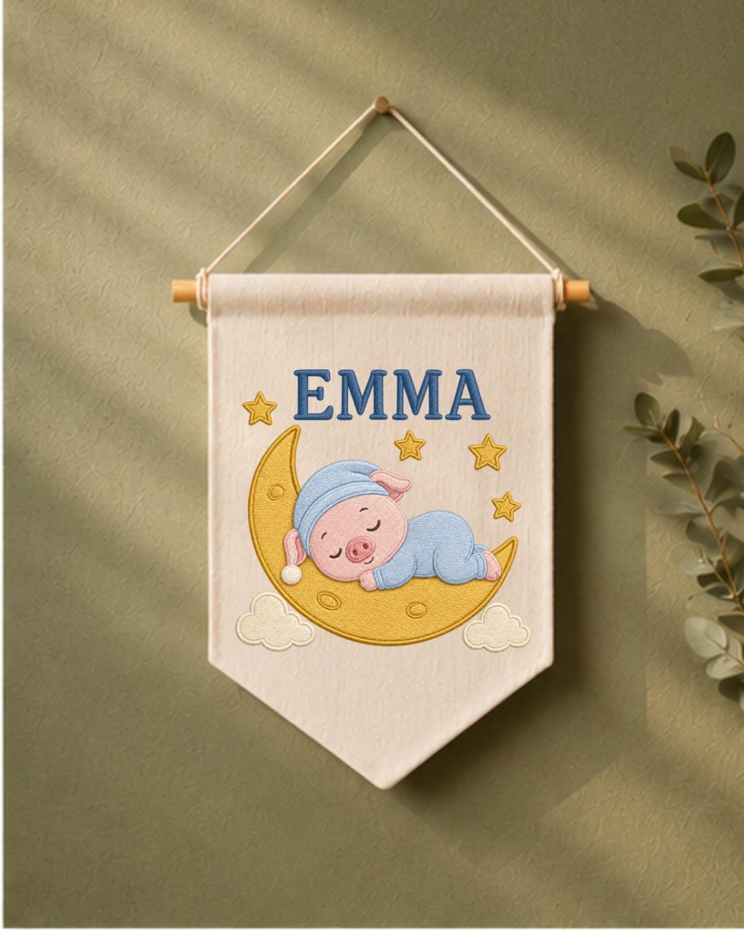 Personalized Pig Moon Nursery Wall Hanging, Custom Name Embroidered Banner, Sleeping Pig Baby Girl Room Decor, Moon and Stars Nursery Gift