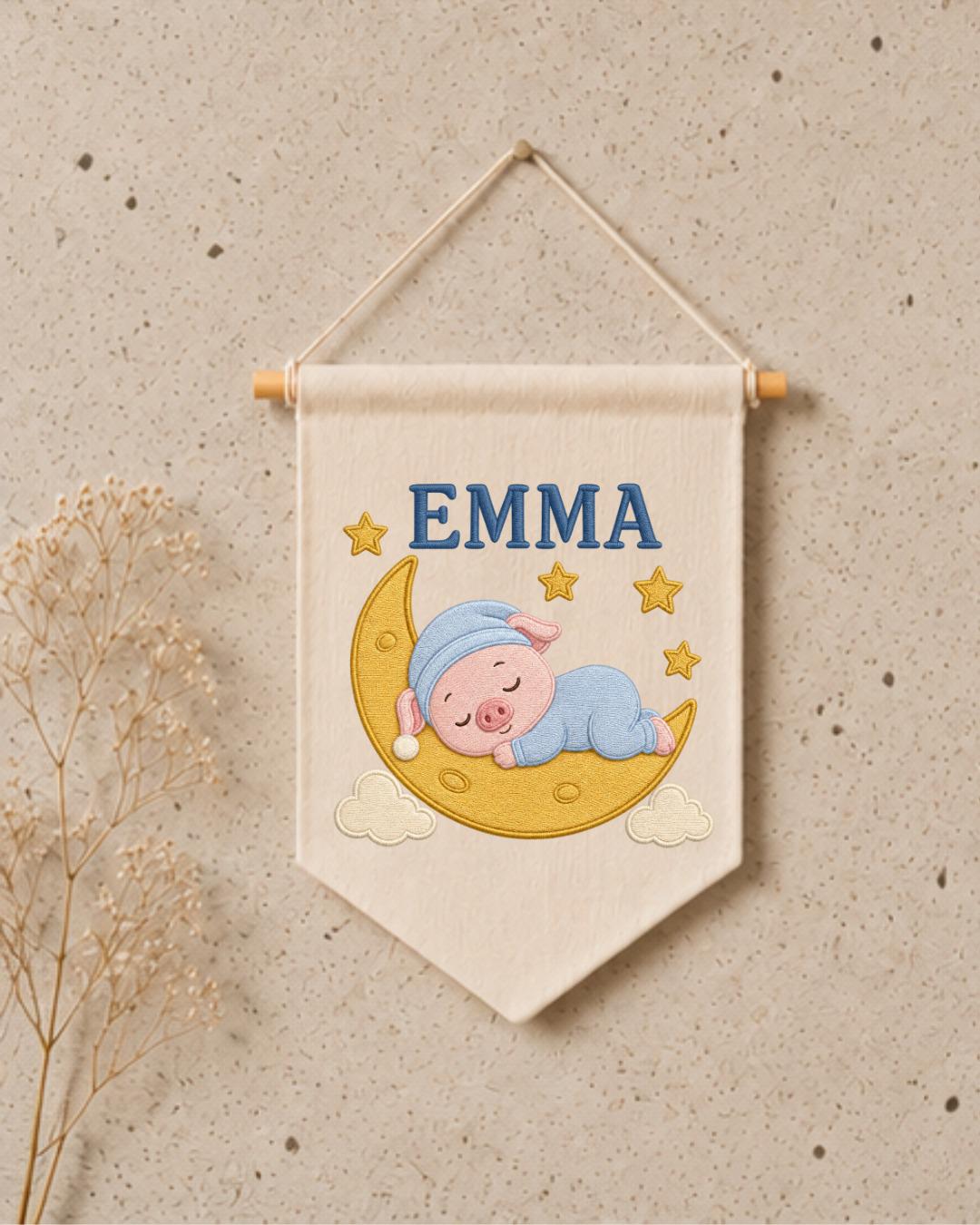 Personalized Pig Moon Nursery Wall Hanging, Custom Name Embroidered Banner, Sleeping Pig Baby Girl Room Decor, Moon and Stars Nursery Gift