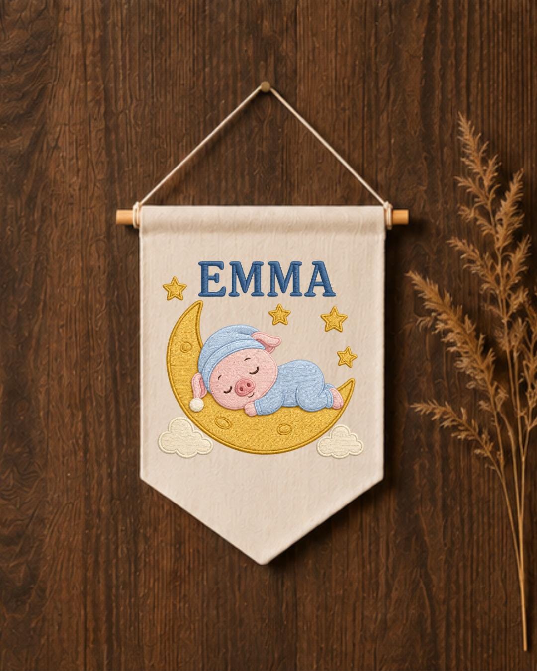 Personalized Pig Moon Nursery Wall Hanging, Custom Name Embroidered Banner, Sleeping Pig Baby Girl Room Decor, Moon and Stars Nursery Gift