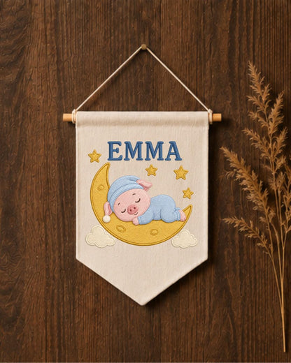 Personalized Pig Moon Nursery Wall Hanging, Custom Name Embroidered Banner, Sleeping Pig Baby Girl Room Decor, Moon and Stars Nursery Gift