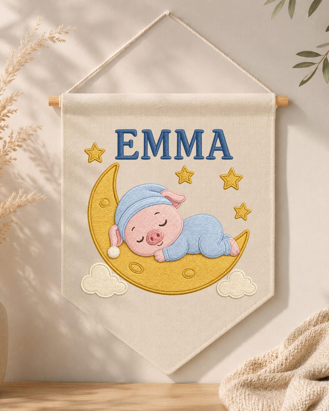 Personalized Pig Moon Nursery Wall Hanging, Custom Name Embroidered Banner, Sleeping Pig Baby Girl Room Decor, Moon and Stars Nursery Gift