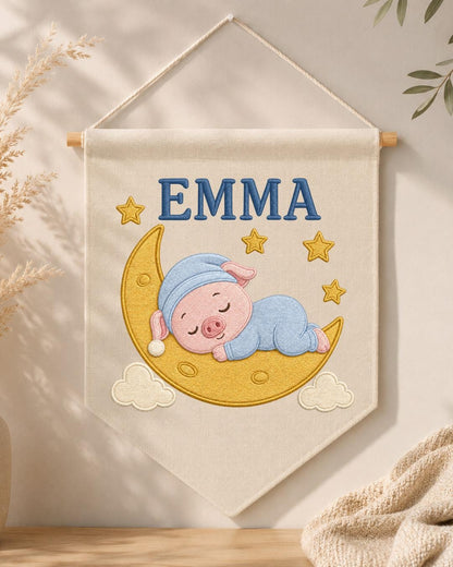 Personalized Pig Moon Nursery Wall Hanging, Custom Name Embroidered Banner, Sleeping Pig Baby Girl Room Decor, Moon and Stars Nursery Gift