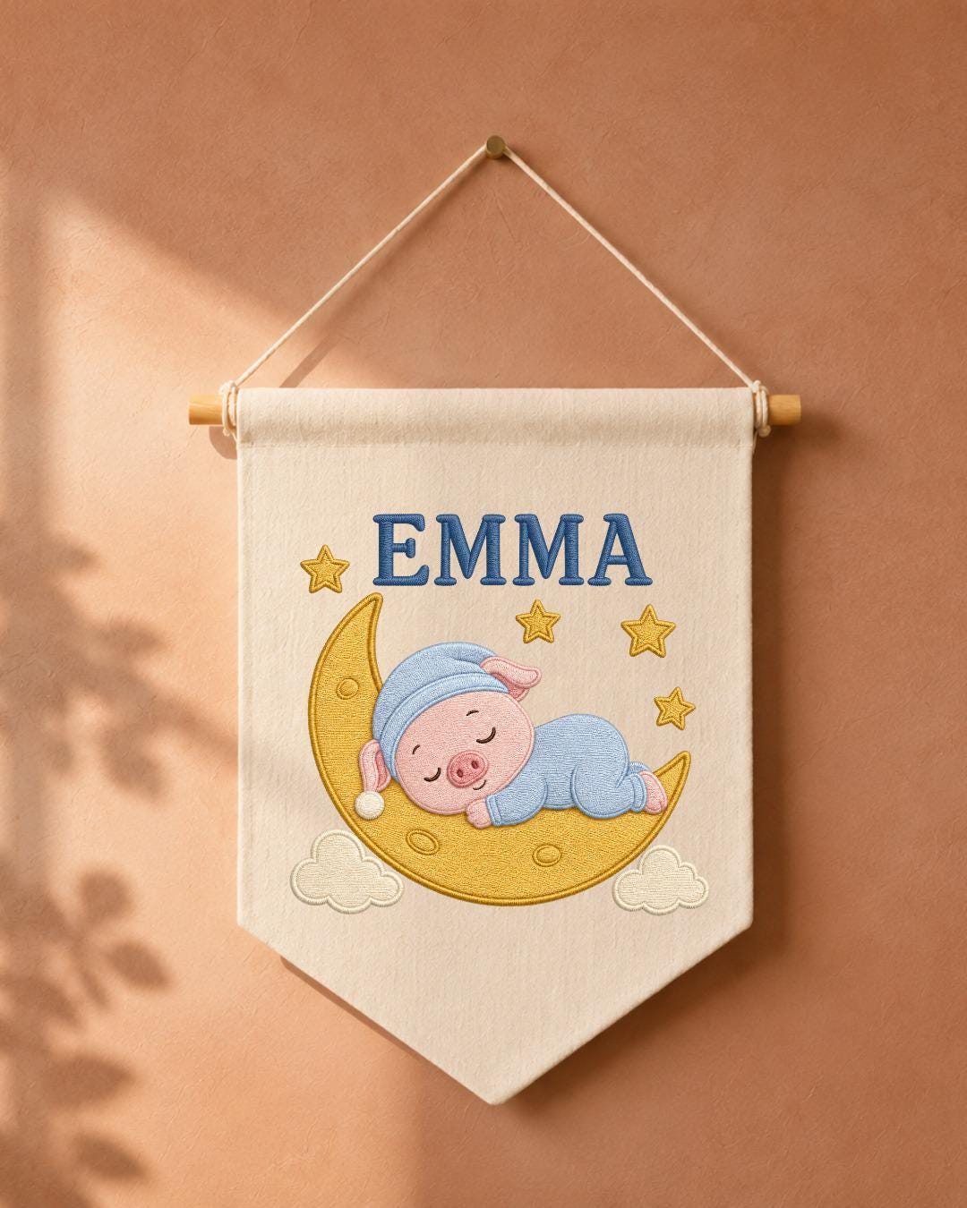 Personalized Pig Moon Nursery Wall Hanging, Custom Name Embroidered Banner, Sleeping Pig Baby Girl Room Decor, Moon and Stars Nursery Gift