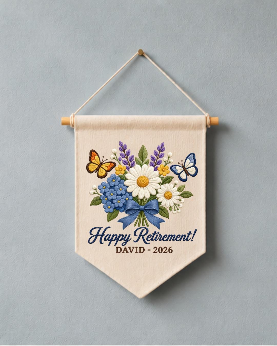 Personalized Retirement Wall Hanging, Custom Name Embroidered Banner, Floral Retirement Gift, Happy Retirement Keepsake, Coworker Gift