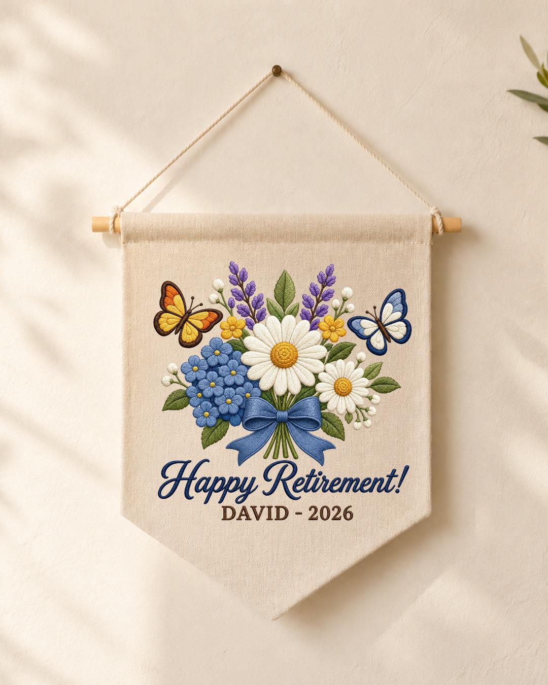 Personalized Retirement Wall Hanging, Custom Name Embroidered Banner, Floral Retirement Gift, Happy Retirement Keepsake, Coworker Gift