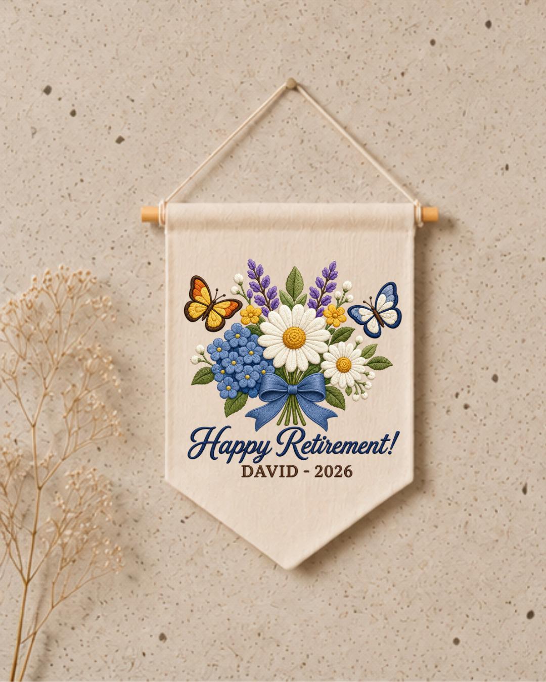 Personalized Retirement Wall Hanging, Custom Name Embroidered Banner, Floral Retirement Gift, Happy Retirement Keepsake, Coworker Gift