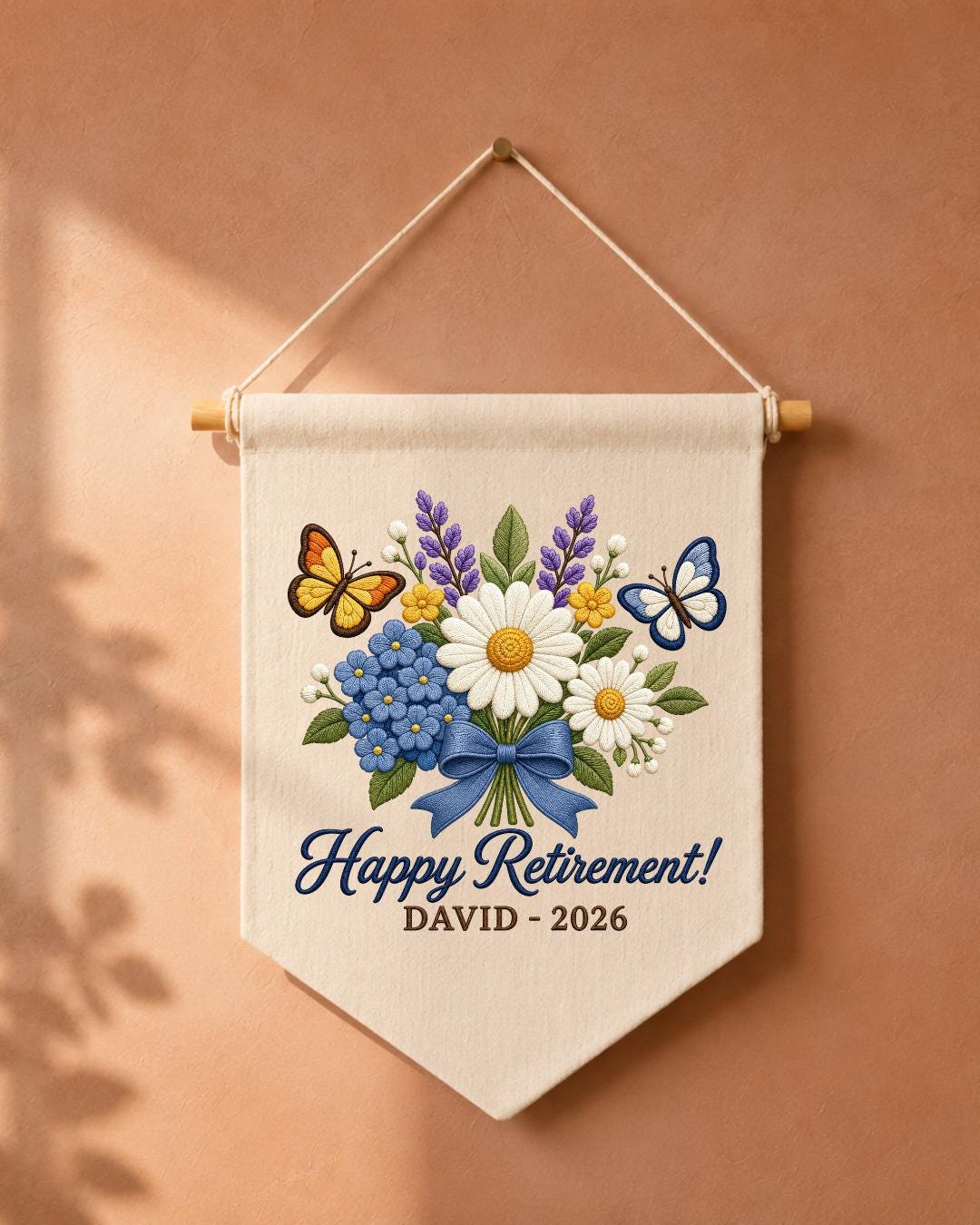 Personalized Retirement Wall Hanging, Custom Name Embroidered Banner, Floral Retirement Gift, Happy Retirement Keepsake, Coworker Gift