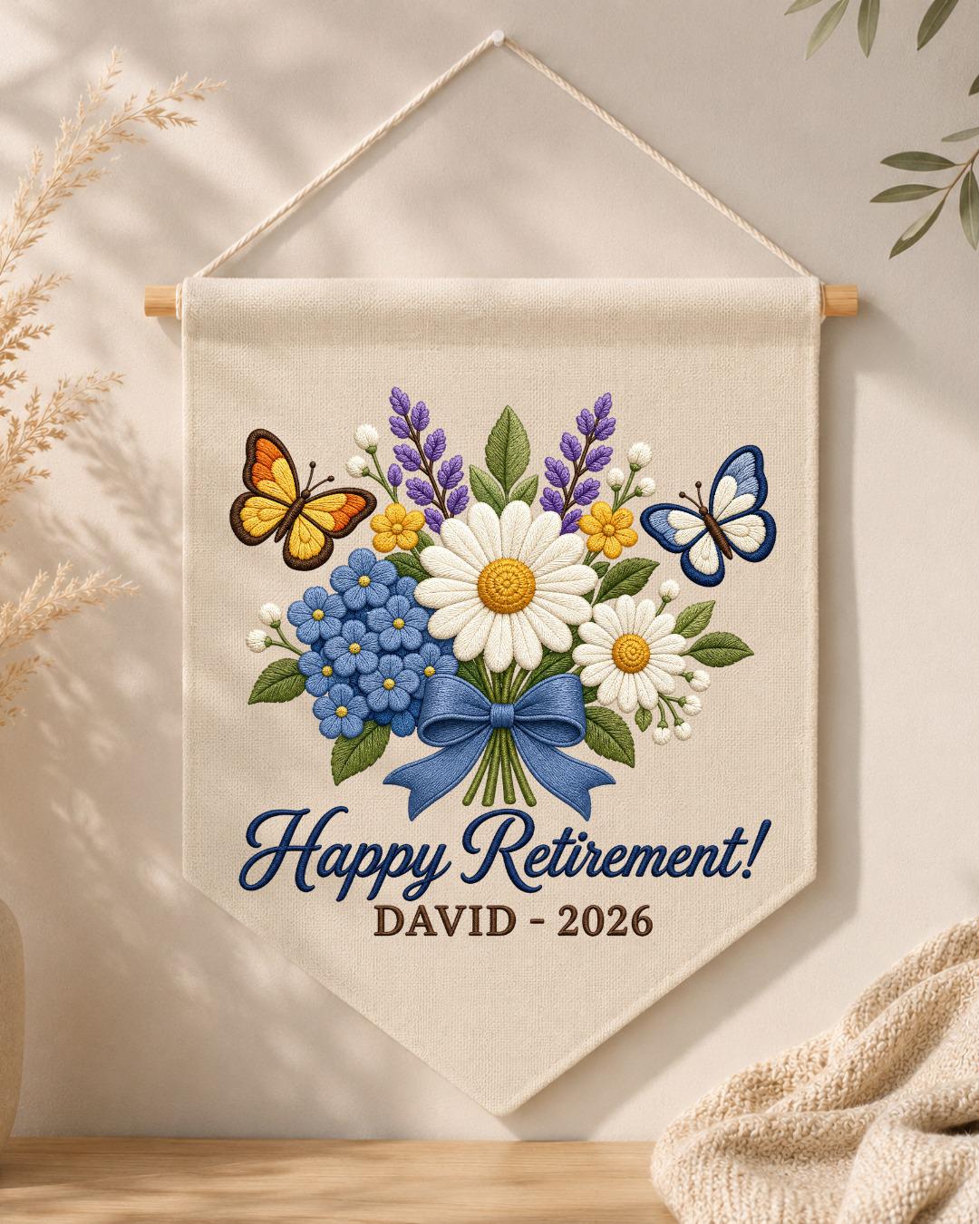 Personalized Retirement Wall Hanging, Custom Name Embroidered Banner, Floral Retirement Gift, Happy Retirement Keepsake, Coworker Gift