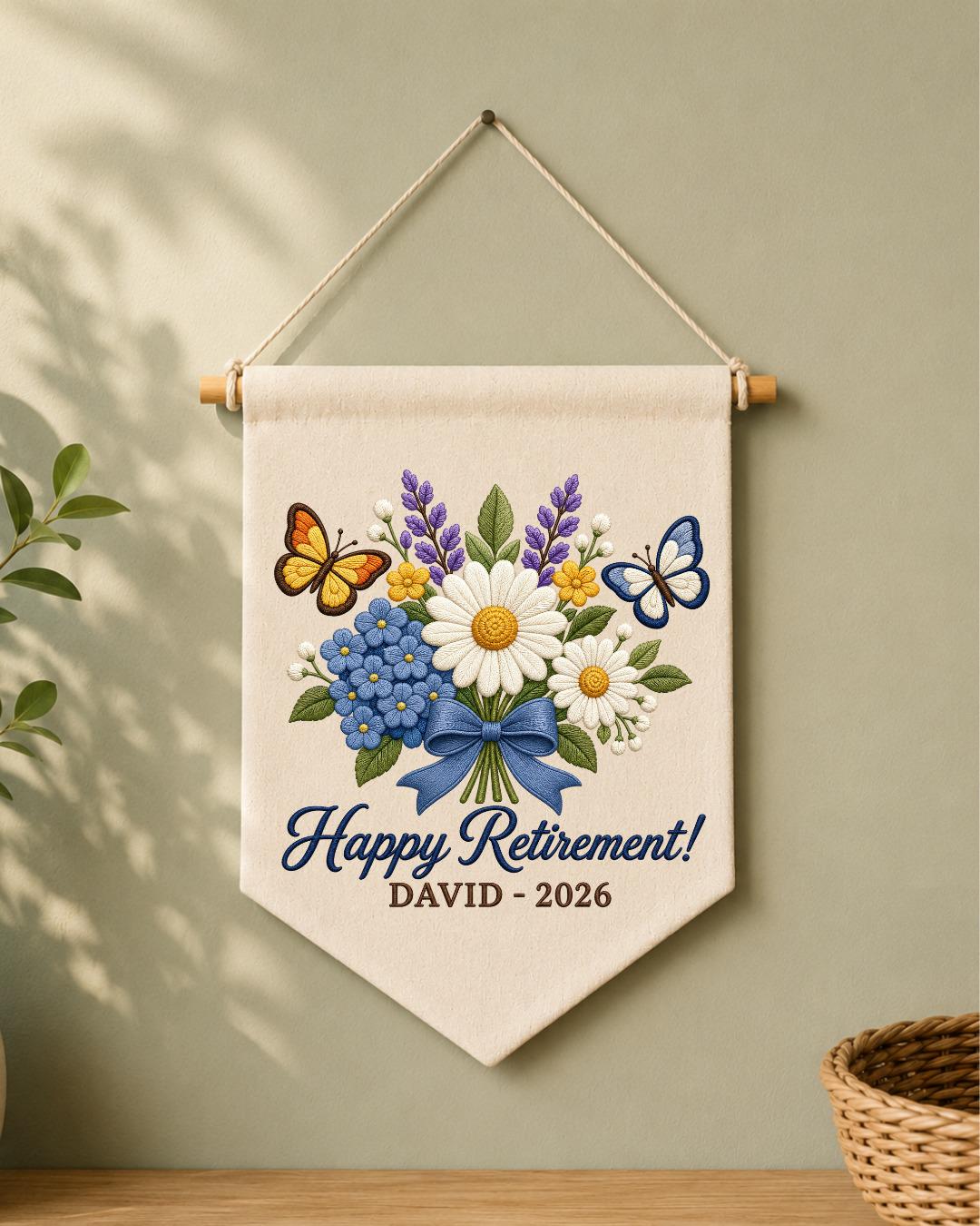 Personalized Retirement Wall Hanging, Custom Name Embroidered Banner, Floral Retirement Gift, Happy Retirement Keepsake, Coworker Gift