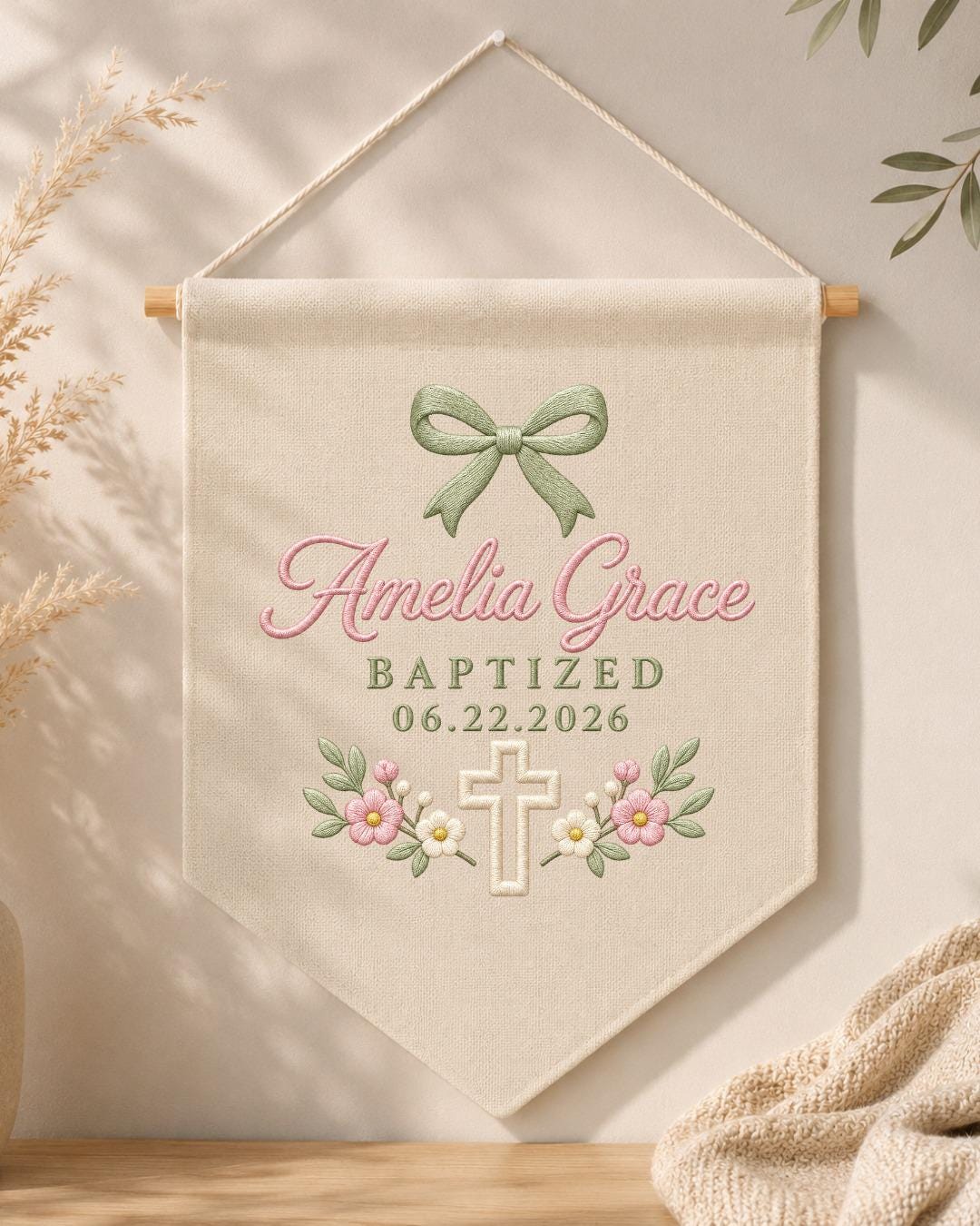 Personalized Baptism Wall Hanging, Custom Name Embroidered Banner, Floral Cross Christening Decor, Baby Girl Baptism Gift, Religious Nursery