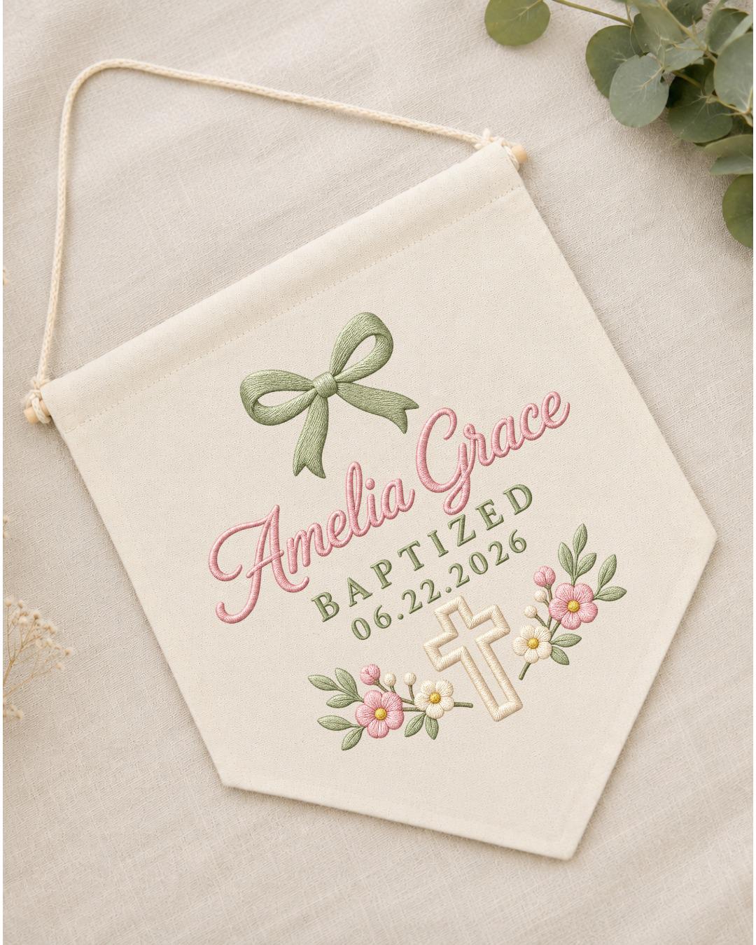 Personalized Baptism Wall Hanging, Custom Name Embroidered Banner, Floral Cross Christening Decor, Baby Girl Baptism Gift, Religious Nursery