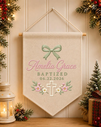 Personalized Baptism Wall Hanging, Custom Name Embroidered Banner, Floral Cross Christening Decor, Baby Girl Baptism Gift, Religious Nursery
