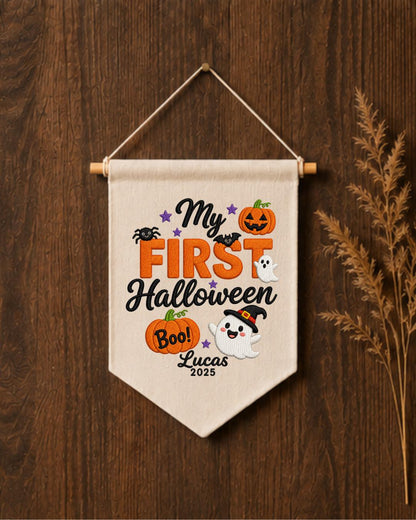 Personalized First Halloween Wall Hanging, Custom Name Embroidered Banner, Ghost Pumpkin Halloween Decor, Baby First Halloween Keepsake Gift