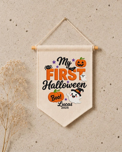Personalized First Halloween Wall Hanging, Custom Name Embroidered Banner, Ghost Pumpkin Halloween Decor, Baby First Halloween Keepsake Gift