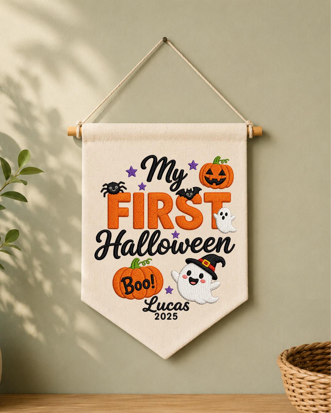 Personalized First Halloween Wall Hanging, Custom Name Embroidered Banner, Ghost Pumpkin Halloween Decor, Baby First Halloween Keepsake Gift