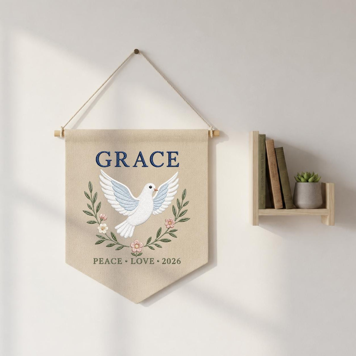 Personalized Peace Dove Canvas Pennant Decor, Custom Embroidered Grace Holy Dove Name Sign, Baby Shower Christening Keepsake Gift