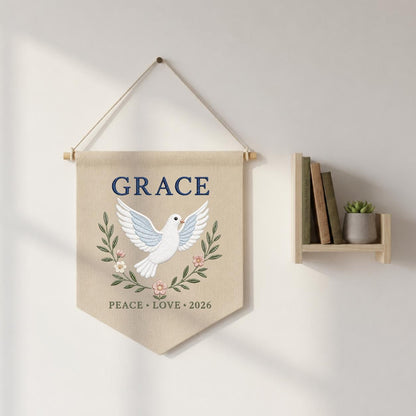 Personalized Peace Dove Canvas Pennant Decor, Custom Embroidered Grace Holy Dove Name Sign, Baby Shower Christening Keepsake Gift