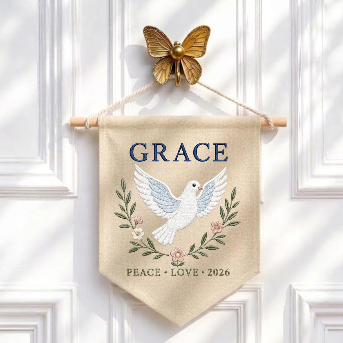 Personalized Peace Dove Canvas Pennant Decor, Custom Embroidered Grace Holy Dove Name Sign, Baby Shower Christening Keepsake Gift
