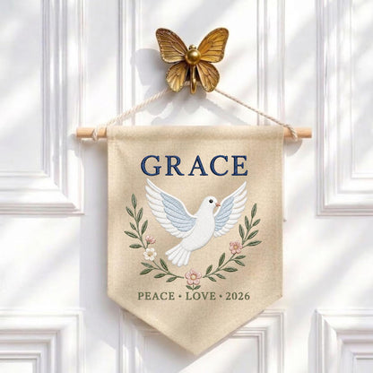 Personalized Peace Dove Canvas Pennant Decor, Custom Embroidered Grace Holy Dove Name Sign, Baby Shower Christening Keepsake Gift