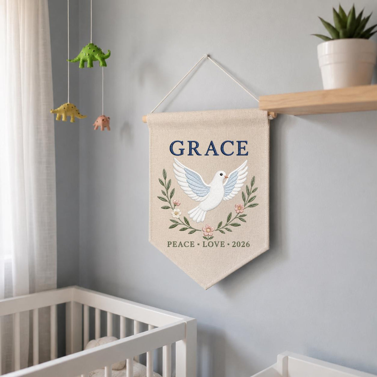 Personalized Peace Dove Canvas Pennant Decor, Custom Embroidered Grace Holy Dove Name Sign, Baby Shower Christening Keepsake Gift