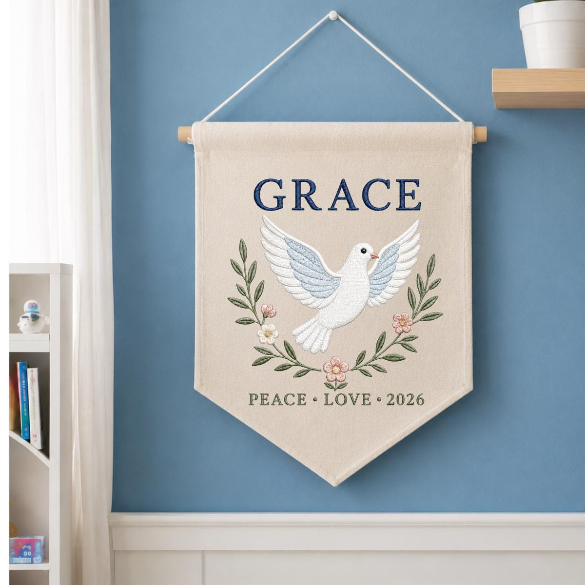 Personalized Peace Dove Canvas Pennant Decor, Custom Embroidered Grace Holy Dove Name Sign, Baby Shower Christening Keepsake Gift
