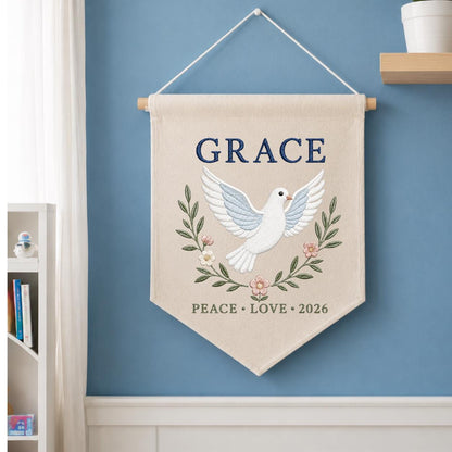 Personalized Peace Dove Canvas Pennant Decor, Custom Embroidered Grace Holy Dove Name Sign, Baby Shower Christening Keepsake Gift