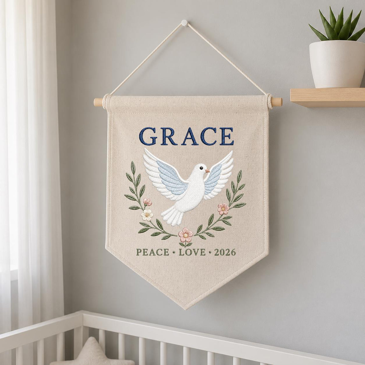 Personalized Peace Dove Canvas Pennant Decor, Custom Embroidered Grace Holy Dove Name Sign, Baby Shower Christening Keepsake Gift