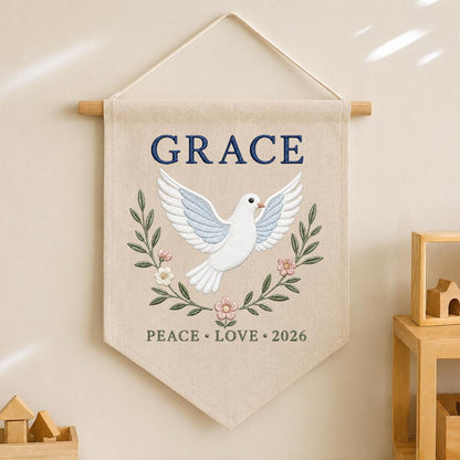 Personalized Peace Dove Canvas Pennant Decor, Custom Embroidered Grace Holy Dove Name Sign, Baby Shower Christening Keepsake Gift