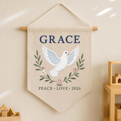 Personalized Peace Dove Canvas Pennant Decor, Custom Embroidered Grace Holy Dove Name Sign, Baby Shower Christening Keepsake Gift