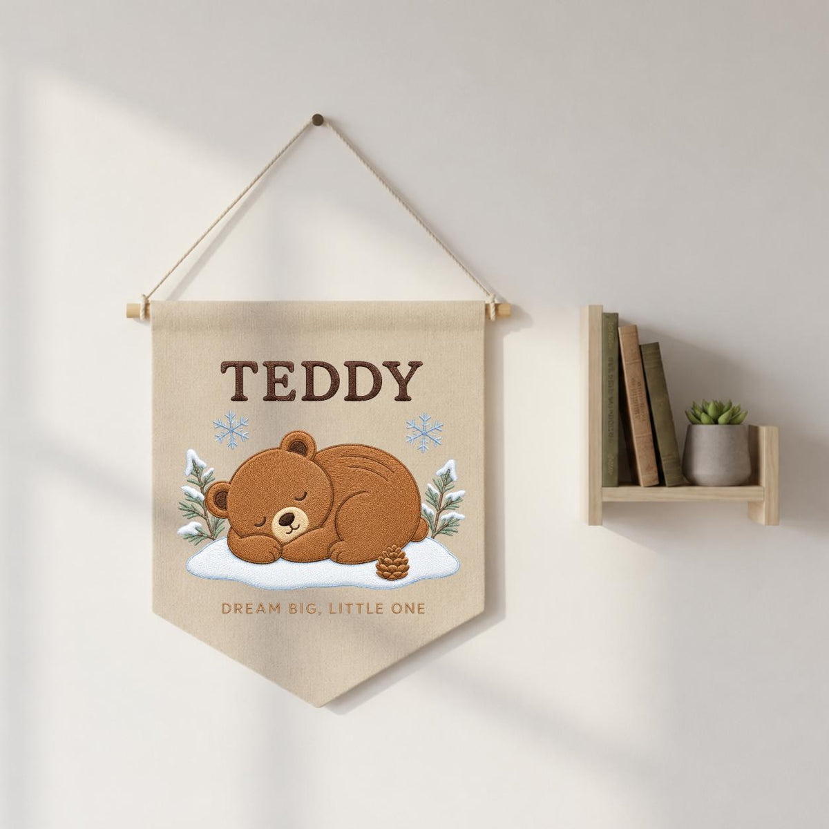 Personalized Woodland Bear Embroidery Decor, Custom Embroidered Teddy Dream Big Little One Pinecone Baby Room Keepsake Gift