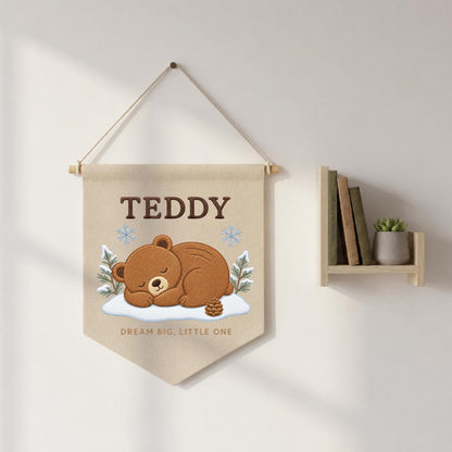 Personalized Woodland Bear Embroidery Decor, Custom Embroidered Teddy Dream Big Little One Pinecone Baby Room Keepsake Gift
