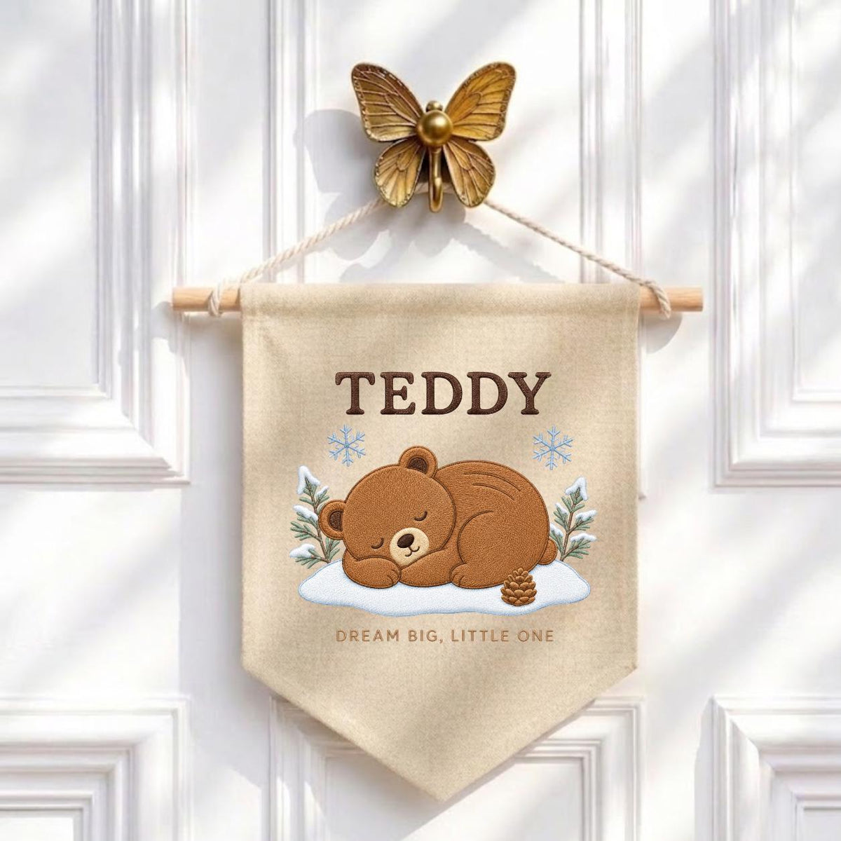 Personalized Woodland Bear Embroidery Decor, Custom Embroidered Teddy Dream Big Little One Pinecone Baby Room Keepsake Gift