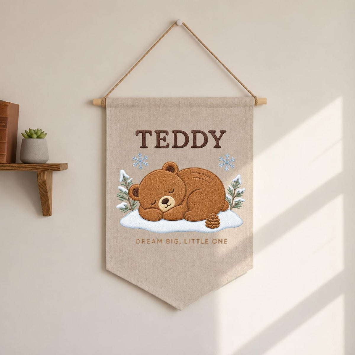 Personalized Woodland Bear Embroidery Decor, Custom Embroidered Teddy Dream Big Little One Pinecone Baby Room Keepsake Gift