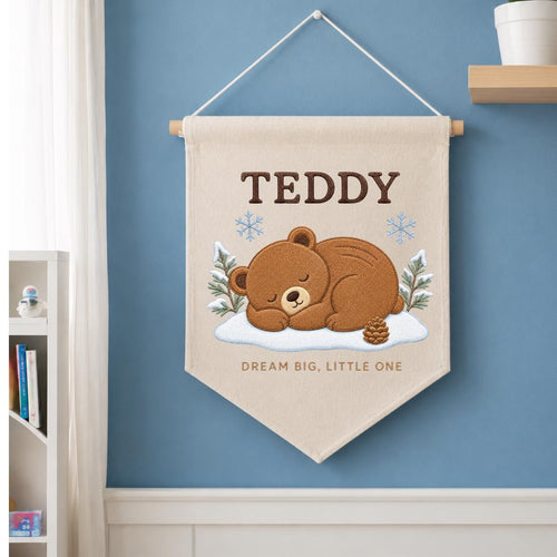 Personalized Woodland Bear Embroidery Decor, Custom Embroidered Teddy Dream Big Little One Pinecone Baby Room Keepsake Gift