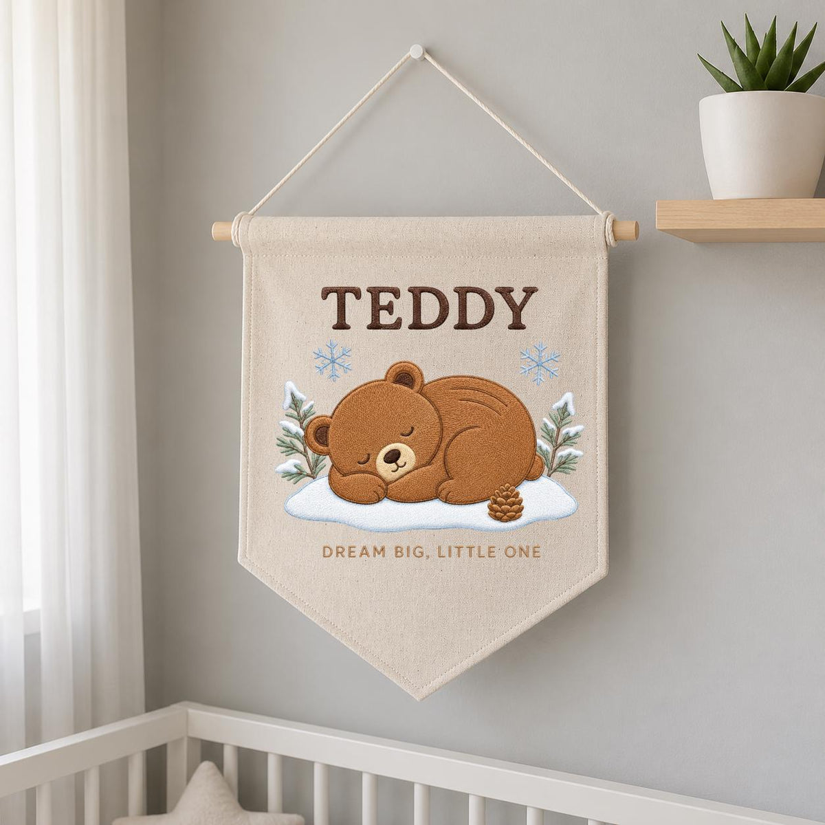 Personalized Woodland Bear Embroidery Decor, Custom Embroidered Teddy Dream Big Little One Pinecone Baby Room Keepsake Gift