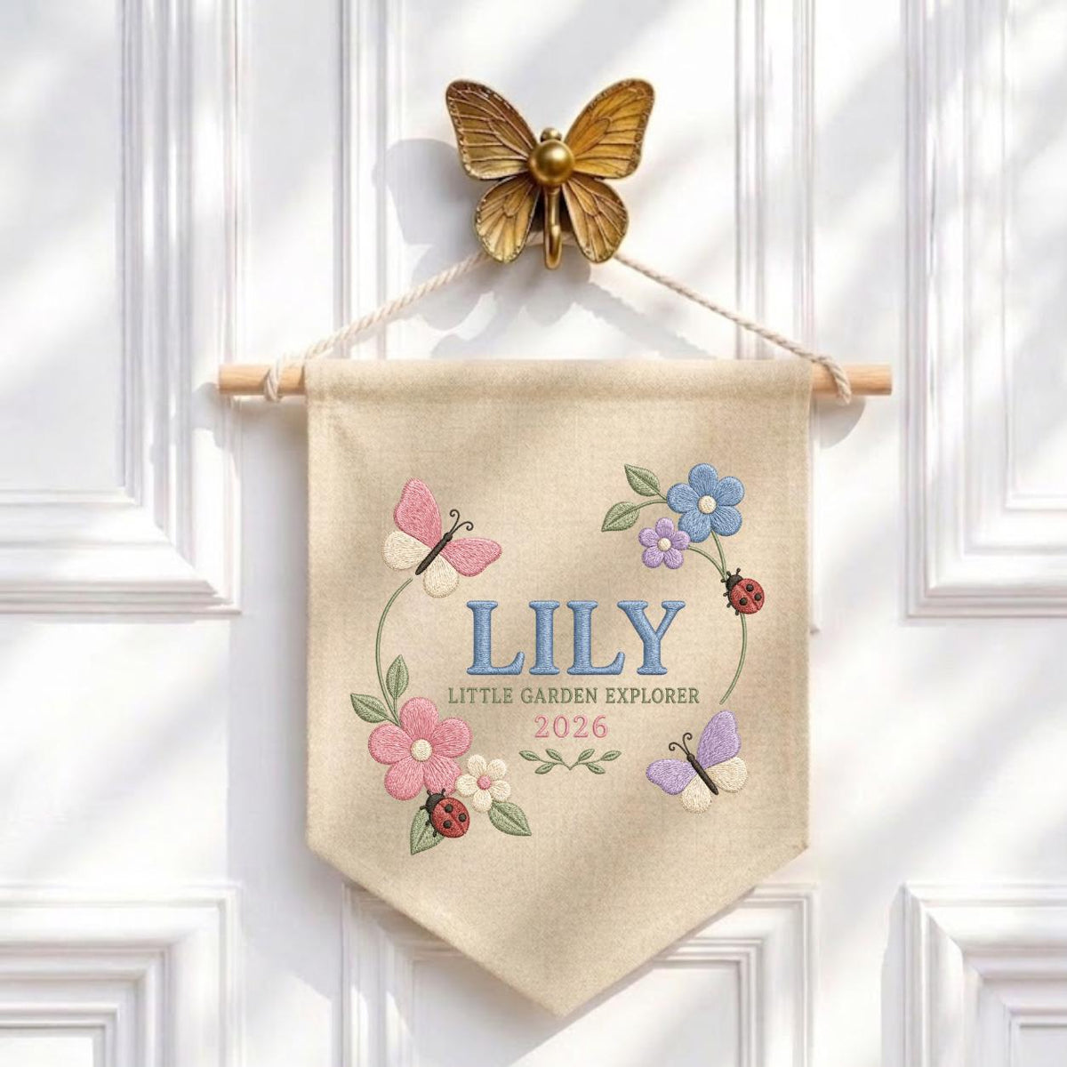 Personalized Floral Butterfly Canvas Pennant Decor, Custom Embroidered Lily Little Garden Explorer Name Sign, Girl Nursery Keepsake
