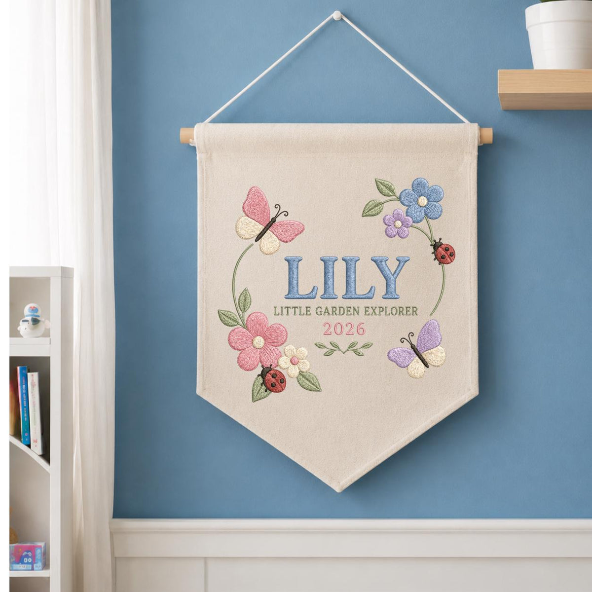 Personalized Floral Butterfly Canvas Pennant Decor, Custom Embroidered Lily Little Garden Explorer Name Sign, Girl Nursery Keepsake