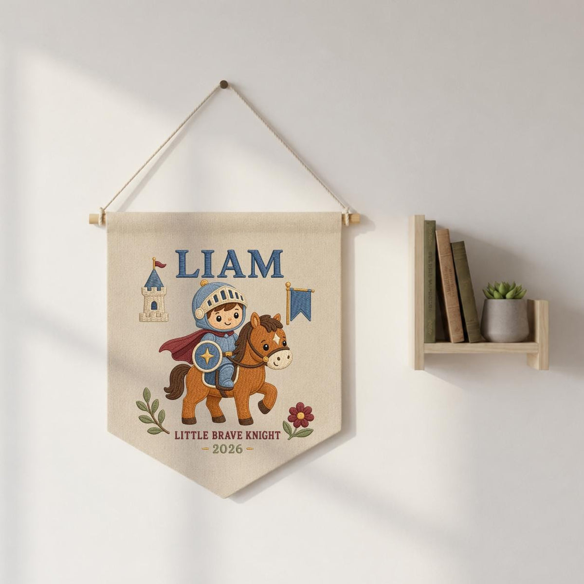 Personalized Embroidered Knight Banner, Custom Name, Baby Room Decor