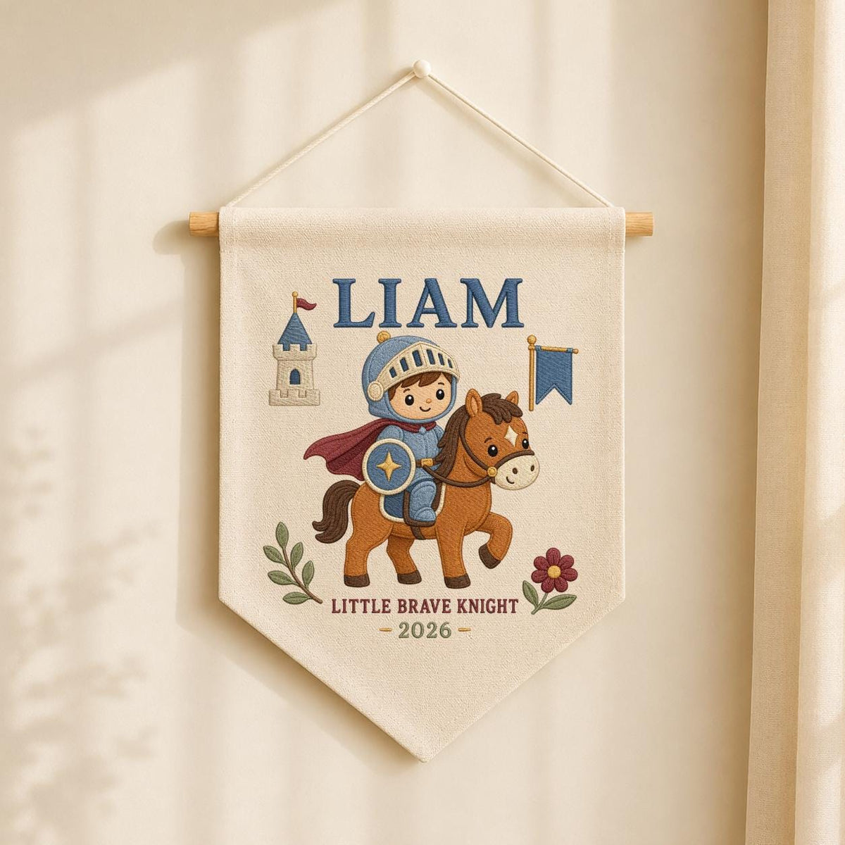 Personalized Embroidered Knight Banner, Custom Name, Baby Room Decor