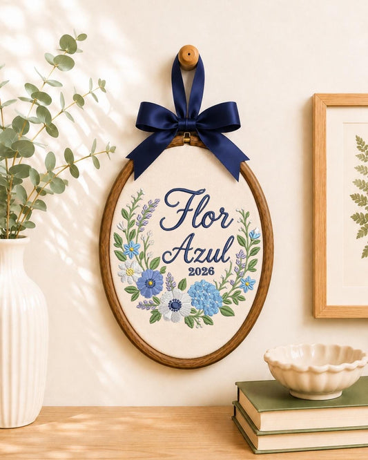Personalized Blue Floral Embroidered Ornament, Custom Name Flower Hoop, Botanical Wall Decor, Personalized Floral Keepsake, Custom Gift