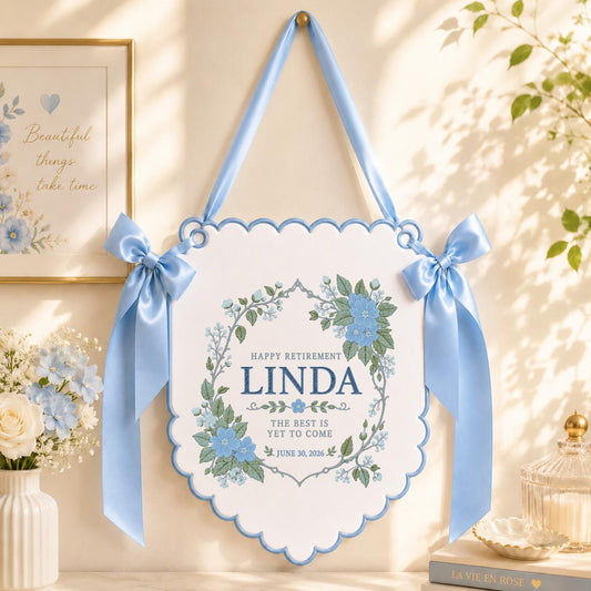 Personalized Retirement Banner, Linda Happy Retirement Wall Hanging, Blue Floral Decor, Best Is Yet to Come Gift, Retirement Keepsake