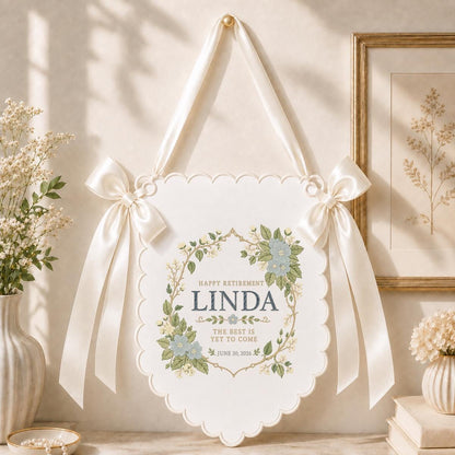 Personalized Retirement Banner, Linda Happy Retirement Wall Hanging, Blue Floral Decor, Best Is Yet to Come Gift, Retirement Keepsake