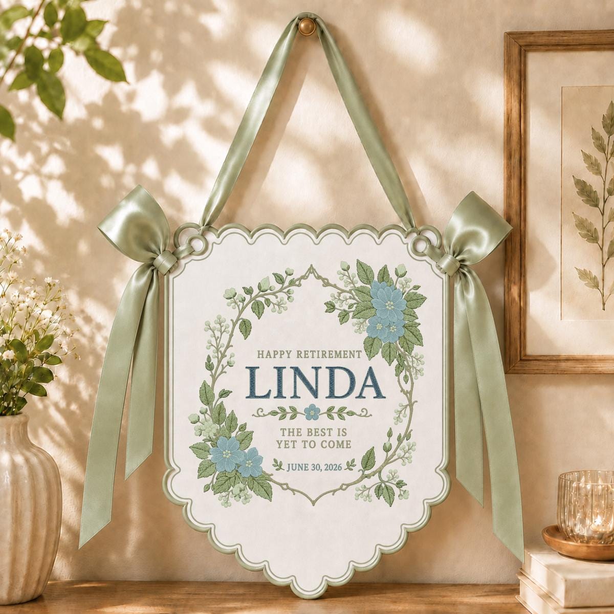 Personalized Retirement Banner, Linda Happy Retirement Wall Hanging, Blue Floral Decor, Best Is Yet to Come Gift, Retirement Keepsake